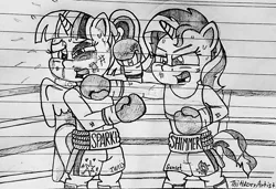 Size: 1280x875 | Tagged: semi-grimdark, artist:ct1443ae, derpibooru import, sunset shimmer, twilight sparkle, twilight sparkle (alicorn), alicorn, unicorn, black eye, blood, boxing, boxing gloves, boxing ring, duo, image, jpeg, lined paper, mouth guard, open mouth, pencil drawing, sports, traditional art