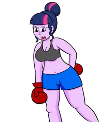 Size: 1005x1200 | Tagged: safe, artist:marcodile, derpibooru import, twilight sparkle, equestria girls, belly button, boxer, boxing gloves, breasts, cleavage, clothes, female, image, open mouth, png, shorts, simple background, solo, sports bra, transparent background