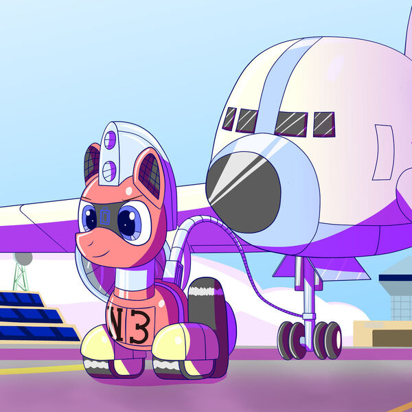 Size: 1280x1280 | Tagged: safe, artist:trackheadtherobopony, derpibooru import, oc, oc:trackhead, original species, pony, robot, robot pony, wheelpone, aircraft, airport, image, jpeg, pulling, solo