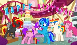 Size: 6834x4031 | Tagged: safe, artist:equestria secret guard, derpibooru import, pinkie pie, oc, oc:candlelight warmth, oc:frosted maple, oc:igvjgj, oc:spring dawn(sd), pony, birthday, birthday cake, birthday gift, cake, female, food, hat, image, male, mare, party hat, png
