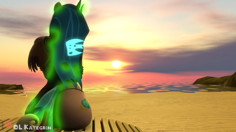 Size: 5120x2880 | Tagged: suggestive, artist:olkategrin, derpibooru import, part of a set, princess cadance, queen chrysalis, alicorn, anthro, changeling, changeling queen, 3d, 3d model, ass, beach, beach chair, bikini, bikini bottom, bikini top, both cutie marks, bugbutt, butt, clothes, cloud, crossed arms, cutie mark, ears, evening, fake cadance, female, folded wings, glow, glowing wings, heart butt, hiding face, horn, image, insect wings, long nails, lovebutt, magic, nail polish, nails, ocean, panties, png, rock, sand, self hug, shapeshifting, sitting, sky, small wings, solo, source filmmaker, spread wings, sun, sundown, sunset, swimsuit, tail, thong, transformation, underwear, unicorn horn, wallpaper, water, wide hips, wings