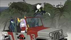 Size: 2001x1125 | Tagged: safe, artist:shawn keller, derpibooru import, oc, oc:athena (shawn keller), oc:lustrous (shawn keller), unofficial characters only, dinosaur, pegasus, pony, bucket hat, car, cigarette, crown, driving, fear and loathing in las vegas, female, grass, guardians of pondonia, hat, image, island, jeep, jewelry, jurassic park, male, mare, margarita paranormal, movie reference, ocean, pegasus oc, png, reference, regalia, sitting, sunglasses, tree, water, wings