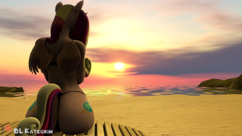 Size: 5120x2880 | Tagged: suggestive, artist:olkategrin, derpibooru import, part of a set, princess cadance, alicorn, anthro, 3d, 3d model, ass, beach, beach chair, bikini, bikini bottom, bikini top, both cutie marks, butt, clothes, cloud, ears, evening, female, folded wings, heart butt, hiding face, horn, image, insect wings, long nails, lovebutt, magic, nail polish, nails, ocean, panties, png, rock, sand, self hug, sitting, sky, small wings, solo, source filmmaker, sun, sundown, sunset, swimsuit, tail, thong, underwear, unicorn horn, wallpaper, water, wide hips, wings