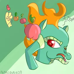 Size: 2000x2000 | Tagged: safe, artist:papacruda09, derpibooru import, alpaca, dragon, hybrid, longma, them's fightin' herds, angry, apple, community related, fire, flower pot, food, green background, heart, image, leaf, paprika (tfh), png, simple background, stop, tianhuo (tfh)
