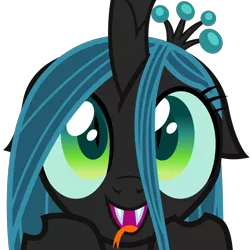 Size: 2400x2400 | Tagged: safe, artist:cheezedoodle96, derpibooru import, queen chrysalis, changeling, changeling queen, .svg available, canterlot wedding 10th anniversary, chibi, crown, female, floppy ears, forked tongue, hair over one eye, happy, image, jewelry, looking up, open mouth, open smile, png, regalia, simple background, smiling, solo, tongue out, transparent background, vector, wide eyes