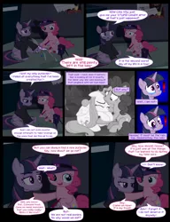 Size: 1042x1358 | Tagged: safe, artist:dendoctor, derpibooru import, fluttershy, mean twilight sparkle, pinkie pie, twilight sparkle, twilight sparkle (alicorn), alicorn, earth pony, pegasus, pony, comic:clone.., alternate universe, bandage, clone, clothes, comic, crying, female, first aid kit, flashback, image, injured, jpeg, monochrome, pinkie clone, rain, taffy