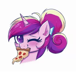 Size: 2377x2245 | Tagged: safe, artist:confetticakez, derpibooru import, princess cadance, alicorn, pony, bust, ear fluff, female, food, image, jpeg, looking at you, mare, meat, one eye closed, peetzer, pepperoni, pepperoni pizza, pizza, simple background, solo, that pony sure does love pizza, white background, wingding eyes, wink, winking at you