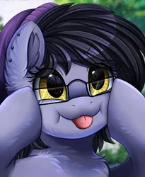 Size: 1446x1764 | Tagged: safe, artist:pridark, derpibooru import, oc, oc:nightshade (pegasus), unofficial characters only, pegasus, pony, :p, beanie, chest fluff, cute, ear fluff, ear piercing, earring, female, glasses, hat, hooves on cheeks, image, jewelry, mare, mlem, piercing, png, reflection, silly, silly pony, solo, tongue out, tree