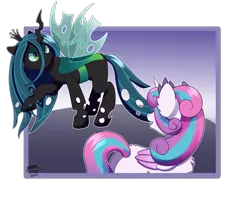 Size: 4238x3446 | Tagged: safe, artist:backgroundpony#f352, derpibooru import, princess flurry heart, queen chrysalis, alicorn, changeling, changeling queen, pony, canterlot wedding 10th anniversary, duo, eyes open, female, horn, image, mare, older, older flurry heart, png, princess, signature, wings