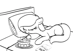 Size: 1158x816 | Tagged: safe, artist:axlearts, oc, oc:delpone, unofficial characters only, earth pony, pony, bed, birthday cake, birthday card, cake, earth pony oc, female, food, image, mare, monochrome, pillow, png, sleeping, solo