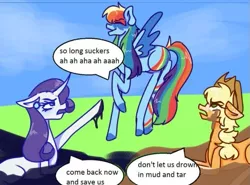 Size: 699x518 | Tagged: safe, artist:ponybutcher, derpibooru import, applejack, mean rainbow dash, rainbow dash, rarity, earth pony, pegasus, unicorn, the mean 6, clone, dialogue, female, females only, frown, hat, image, meme, mud, out of context, png, quicksand, rainbow douche, redraw, sky, speech bubble, stuck, tar, tar pit, text