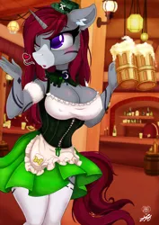 Size: 2123x3000 | Tagged: safe, artist:stainedglasslighthea, derpibooru import, oc, unofficial characters only, anthro, plantigrade anthro, unicorn, alcohol, anthro oc, bar maid, barrel, beer, blowing a kiss, blushing, body markings, bottle, choker, clothes, coat markings, corset, ear fluff, erect nipples, hat, holiday, horn, image, lamp, looking to side, markings, nipple outline, one eye closed, png, redhead, saint patrick's day, signature, skirt, socks, solo, stockings, tail, thigh highs, unicorn oc, wink