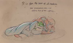 Size: 3148x1833 | Tagged: safe, artist:foxtrot3, derpibooru import, oc, oc:destiny, oc:karakusa, earth pony, pony, unicorn, cape, clothes, cursive writing, female, filly, foal, gloves, hug, image, jpeg, sleeping, text