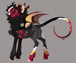 Size: 1024x848 | Tagged: safe, artist:miioko, derpibooru import, oc, unofficial characters only, demon, demon pony, original species, pony, bat wings, deviantart watermark, gray background, horns, image, jpeg, obtrusive watermark, simple background, solo, watermark, wings