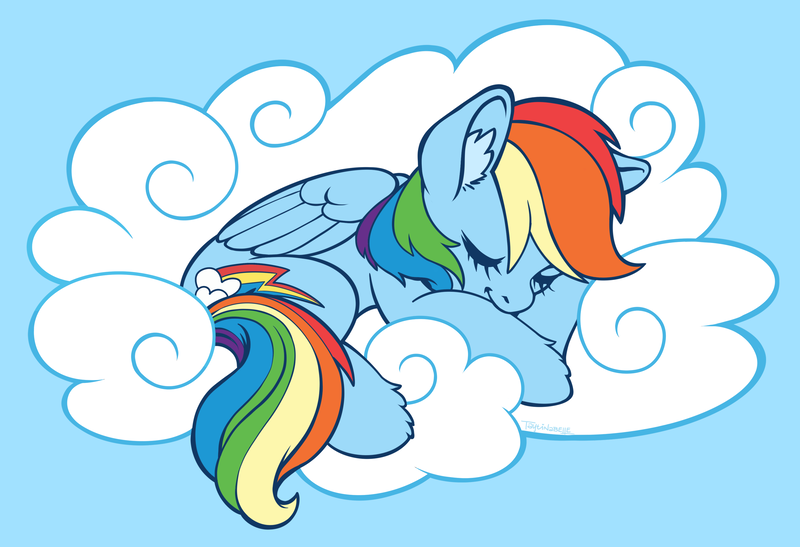 Size: 3278x2240 | Tagged: safe, artist:taytinabelle, derpibooru import, rainbow dash, pegasus, pony, blue background, cloud, cute, ear fluff, eyes closed, female, folded wings, image, mare, on a cloud, png, simple background, sleeping, sleeping on a cloud, sleepydash, solo, unshorn fetlocks, wings