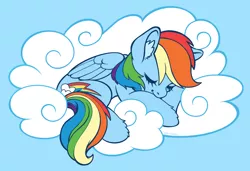 Size: 3278x2240 | Tagged: safe, artist:taytinabelle, derpibooru import, rainbow dash, pegasus, pony, blue background, cloud, cute, ear fluff, eyes closed, female, folded wings, image, mare, on a cloud, png, simple background, sleeping, sleeping on a cloud, sleepydash, solo, unshorn fetlocks, wings
