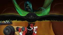 Size: 6222x3500 | Tagged: safe, artist:mixdaponies, derpibooru import, dumbbell, lord tirek, queen chrysalis, bird, centaur, changeling, changeling queen, crow, taur, fanfic art, female, image, jpeg, the rock, weight lifting, worse way to be bad