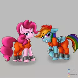 Size: 3000x3000 | Tagged: safe, artist:katscarlett, derpibooru import, pinkie pie, rainbow dash, earth pony, pegasus, pony, blushing, bound wings, chained, chains, clothes, commission, cuffs, embarrassed, grin, image, jpeg, nervous, nervous grin, prison outfit, prisoner, prisoner pp, prisoner rd, shackles, smiling, smug, wings