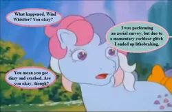 Size: 607x397 | Tagged: safe, derpibooru import, edit, edited screencap, screencap, sweet stuff, twinkle eyed pony, my little pony 'n friends, sweet stuff and the treasure hunt, bow, dialogue, forest, g1, image, implied wind whistler, mountain, offscreen character, png, sesquipedalian loquaciousness, speech bubble, tail, tail bow, tree