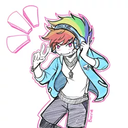 Size: 1080x1080 | Tagged: safe, derpibooru import, rainbow dash, human, equestria girls, bracelet, bunne, clothes, colored, colored sketch, equestria guys, headphones, humanized, image, jacket, jewelry, looking at you, male, necklace, png, rainbow blitz, rule 63, shirt, shorts, sketch, smiling, smiling at you, smirk, solo