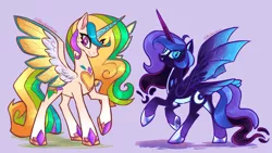 Size: 1734x978 | Tagged: safe, artist:rhythmcrown, derpibooru import, princess celestia, princess luna, alicorn, pony, duo, female, image, mare, png, redesign, royal sisters, siblings, signature, simple background, sisters, smiling, spread wings, wings