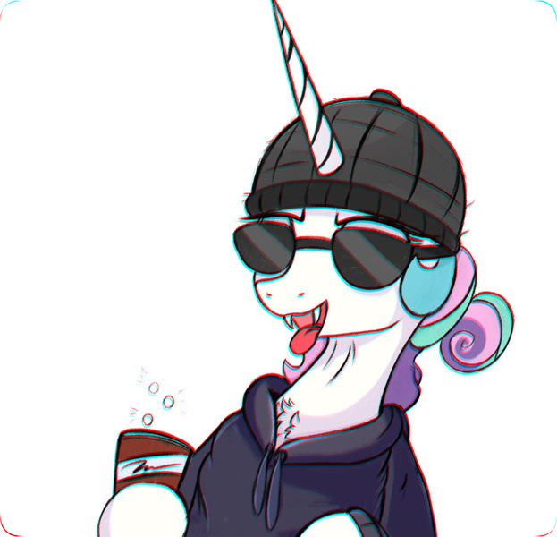 Size: 1047x1009 | Tagged: safe, artist:kqaii, artist:molikqaii, derpibooru import, princess celestia, alicorn, pony, undead, vampire, vampony, beanie, chromatic aberration, clothes, drink, eyestrain warning, fangs, hat, hoodie, image, jpeg, simple background, solo, sunglasses, tongue out, white background