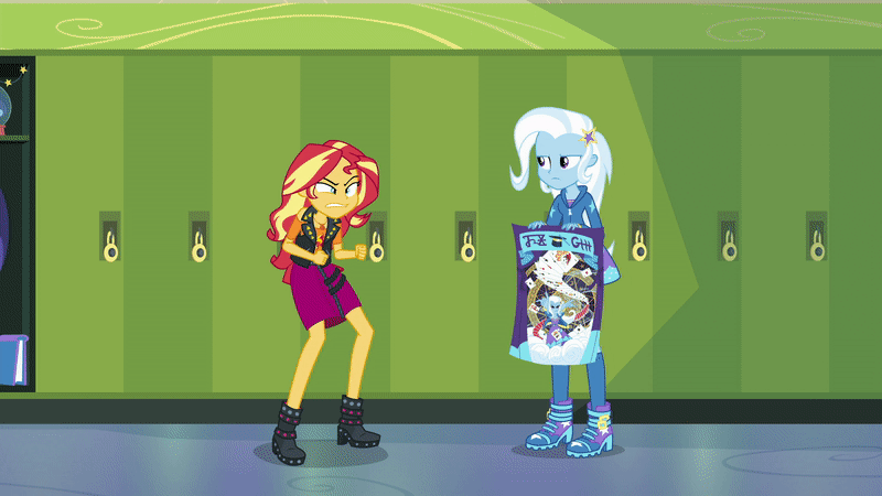 Size: 800x450 | Tagged: safe, artist:ftvs-cm45, derpibooru import, screencap, sunset shimmer, trixie, equestria girls, equestria girls series, forgotten friendship, angry, animated, duo, gif, image, poster