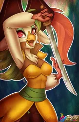 Size: 660x1020 | Tagged: safe, artist:inkkeystudios, derpibooru import, captain celaeno, bird, parrot, parrot pirates, my little pony: the movie, abstract background, cutlass, female, image, pirate, png, signature, smiling, solo, sword, weapon