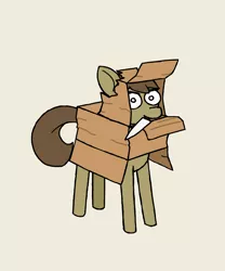 Size: 1000x1200 | Tagged: safe, artist:potatoconnoisseur, derpibooru import, oc, oc:cardboard fortress, unofficial characters only, earth pony, pony, cardboard box, derpibooru exclusive, female, image, knife, mare, mouth hold, png, simple background, solo