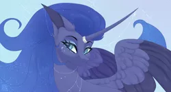 Size: 3840x2060 | Tagged: safe, artist:elektra-gertly, derpibooru import, princess luna, alicorn, pony, blue background, colored wings, curved horn, ethereal mane, facial markings, female, horn, horn jewelry, image, jewelry, long horn, mare, png, simple background, solo, spread wings, two toned wings, wings