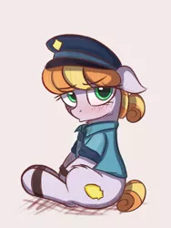 Size: 1419x1892 | Tagged: safe, artist:kqaii, artist:molikqaii, derpibooru import, copper top, earth pony, pony, floppy ears, hat, image, jpeg, necktie, police, police outfit, police pony, pouting, sitting, solo