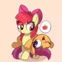 Size: 1669x1669 | Tagged: safe, artist:kqaii, artist:molikqaii, derpibooru import, apple bloom, scootaloo, earth pony, pegasus, pony, apple, cute, cutealoo, duo, eye clipping through hair, food, image, jpeg, lying down, lying on top of someone, one eye closed, pictogram, smiling, speech bubble