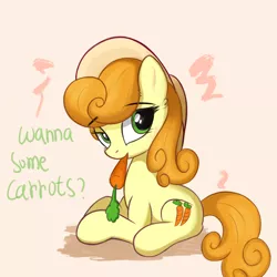 Size: 1609x1609 | Tagged: safe, artist:kqaii, artist:molikqaii, derpibooru import, carrot top, golden harvest, earth pony, pony, carrot, food, grammar error, hat, image, jpeg, mouth hold, solo