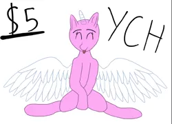 Size: 1172x844 | Tagged: safe, artist:glowbug, derpibooru import, oc, unofficial characters only, alicorn, earth pony, pegasus, pony, unicorn, :p, commission, crossed hooves, happy, horn, image, png, simple background, sitting, solo, spread hooves, tongue out, wings, your character here