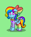 Size: 62x74 | Tagged: safe, artist:dematrix, derpibooru import, oc, oc:riinbow dashie, pegasus, pony, pony town, bow, clothes, cute, ear piercing, female, floppy ears, hair bow, image, mare, multicolored tail, neck rings, picture for breezies, piercing, pixel art, png, rainbow socks, saddle, socks, striped socks, tack, tail, tail bow