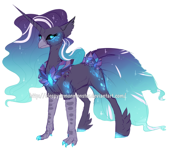 Size: 2531x2370 | Tagged: safe, artist:sleepydemonmonster, derpibooru import, oc, unofficial characters only, hippogriff, hybrid, unicorn, beak, blue eyes, claws, crack ship offspring, ethereal mane, eyelashes, flowing mane, glow, glowing eyes, horn, image, interspecies offspring, jewelry, looking at you, necklace, offspring, parent:nightmare rarity, parent:terramar, png, simple background, solo, starry mane, starry tail, tail, transparent background, watermark