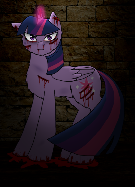 Size: 843x1169 | Tagged: semi-grimdark, artist:princesskittydragon, derpibooru import, twilight sparkle, twilight sparkle (alicorn), alicorn, pony, 2014, blood, glow, glowing horn, horn, image, injured, old art, png, solo, torn ear