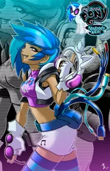 Size: 1030x1600 | Tagged: safe, artist:mauroz, derpibooru import, vinyl scratch, human, 3.5mm aux cable, blue hair, clothes, cutie mark, cutie mark on clothes, fanny pack, hdmi cable, headphones, humanized, image, jacket, midi cable, png, rca cable, short shirt, short skirt, skirt, vinyl's glasses, zettai ryouiki