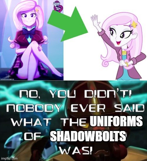 Size: 500x547 | Tagged: safe, artist:the-butch-x, derpibooru import, edit, fleur-de-lis, equestria girls, equestria girls series, friendship games, alternate clothes, alternate design, arrow, bionicle, butch's hello, clothes, crystal prep academy uniform, crystal prep shadowbolts, disappointment, hello x, image, imgflip, jpeg, lego, meme, photo, school uniform, shame, text