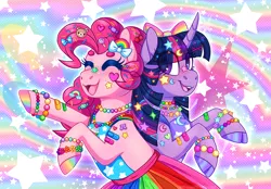 Size: 1600x1111 | Tagged: safe, artist:princesskittydragon, derpibooru import, pinkie pie, twilight sparkle, earth pony, pony, bandaid, beanbrows, bow, bracelet, candy, clothes, cloven hooves, colored hooves, dress, duo, eyebrows, food, hair bow, image, jewelry, necklace, png, rainbow, rainbow background, rearing, smiling, sticker