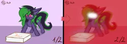 Size: 3129x1080 | Tagged: safe, artist:toxinagraphica, derpibooru import, oc, oc:toxina graphica, unofficial characters only, pony, unicorn, ask, cheek fluff, chest fluff, colored sketch, ear fluff, female, fluffy, food, glow, glowing eyes, high res, image, insanity, long ears, mare, meme, pizza, pizza box, png, silly, silly face, silly pony, simple background, sketch, smiling, solo, solo female, triggered, wide eyes