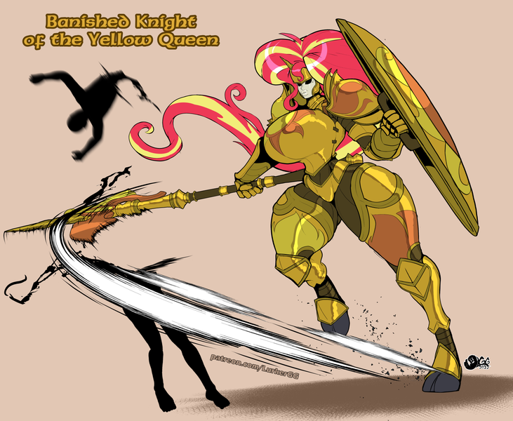 Size: 1500x1231 | Tagged: questionable, semi-grimdark, artist:lurkergg, derpibooru import, sunset shimmer, anthro, armor, axe, big breasts, big lips, breasts, dismemberment, hooves, huge breasts, image, long hair, mask, png, shield, thighs, thunder thighs, violence, wasp waist, weapon, wide hips