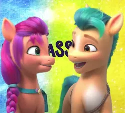 Size: 690x620 | Tagged: safe, derpibooru import, screencap, hitch trailblazer, sunny starscout, earth pony, pony, my little pony: a new generation, caption, cropped, duo, female, g5, great moments in animation, image, looking at each other, looking at someone, male, mare, out of context, png, stallion, youtube link