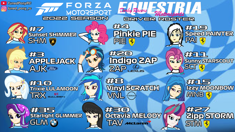 Size: 3840x2160 | Tagged: safe, artist:forzaveteranenigma, derpibooru import, applejack, indigo zap, izzy moonbow, octavia melody, pinkie pie, starlight glimmer, sunny starscout, sunset shimmer, trixie, vinyl scratch, zipp storm, oc, fanfic, fanfic:equestria motorsports, equestria girls, bmw, ferrari, ford, forza motorsport, g5, human coloration, image, instagram, lamborghini, lexus, mclaren, nissan, png, racing suit, roster, saleen, youtube