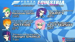 Size: 3840x2160 | Tagged: safe, artist:forzaveteranenigma, derpibooru import, fluttershy, rainbow dash, rarity, spitfire, twilight sparkle, fanfic, fanfic:equestria motorsports, equestria girls, forza motorsport, human coloration, image, instagram, pale skin, png, roster, youtube