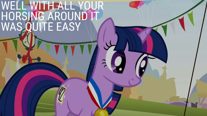 Size: 1280x720 | Tagged: safe, derpibooru import, edit, edited screencap, editor:quoterific, screencap, twilight sparkle, pony, unicorn, fall weather friends, season 1, female, image, jpeg, mare, medal, smiling, solo, text, unicorn twilight