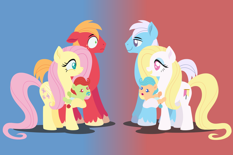 Size: 2880x1920 | Tagged: safe, anonymous artist, derpibooru import, banner mares, big macintosh, cottonflock, crescendo, fluttershy, oc, oc:cotton blanket, oc:late riser, earth pony, pegasus, pony, series:fm holidays, april fools, baby, baby pony, colt, crescendoflock, family, female, floppy ears, fluttermac, foal, gradient background, high res, holding a pony, image, lineless, looking at each other, looking at someone, male, mare, no pupils, offspring, pacifier, parent:big macintosh, parent:cottonflock, parent:crescendo, parent:fluttershy, parents:crescendoflock, parents:fluttermac, png, shipping, stallion, straight