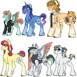 Size: 3000x3000 | Tagged: safe, artist:gingygin, derpibooru import, oc, oc:coco cream, oc:honeycrisp, oc:indigo nightingale, oc:jelly rockinroll, oc:mandarin garnet pie, oc:rainbow quartz, unofficial characters only, earth pony, pegasus, pony, unicorn, bow, bubblegum, chest fluff, clothes, colored wings, female, food, gum, hair bow, image, jacket, leather jacket, male, mare, multicolored wings, necktie, offspring, parent swap au, parent:bow hothoof, parent:bright mac, parent:cloudy quartz, parent:cookie crumbles, parent:gentle breeze, parent:hondo flanks, parent:igneous rock pie, parent:night light, parent:pear butter, parent:posey shy, parent:twilight velvet, parent:windy whistles, parents:bowquartz, parents:nightcookie, parents:pearock, parents:poseybright, parents:velvetflanks, parents:windybreeze, png, rainbow wings, scar, simple background, stallion, unshorn fetlocks, white background, wings