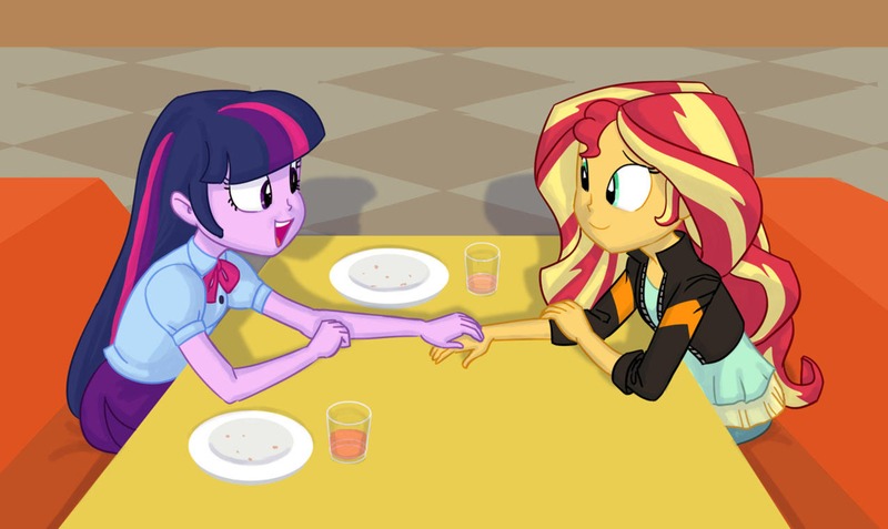 Size: 6375x3800 | Tagged: safe, artist:carnifex, derpibooru import, sunset shimmer, twilight sparkle, twilight sparkle (alicorn), alicorn, equestria girls, friendship games, beverage, cafe, clothes, commission, deleted scene, duo, eye contact, female, glass, homesick shimmer, image, jacket, jpeg, leather jacket, looking at each other, looking at someone, open mouth, plate, sitting, skirt, smiling, table, talking
