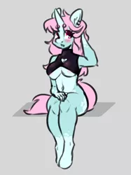 Size: 1990x2657 | Tagged: suggestive, artist:spoopygander, derpibooru import, oc, oc:scoops, anthro, unicorn, blushing, boob window, breasts, cute, image, png, solo, underboob